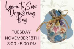 Colorful drawstring bag featuring dragons and a twine drawstring next to a description of the program.