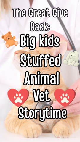 Background of a veterinarian and cat. Images of hearts, teddy bear, and stuffed bunny. Text reads "The Great Give Back: Big Kids Stuffed Animal Vet Storytime."