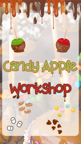 Background of candy apples. Images of candy apples and various candies. Text reads "Candy Apple Workshop."