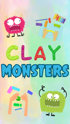 Rainbow background with images of monsters and clay molding. Text reads "Clay Monsters."