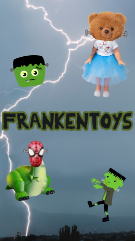 Background of lightning. Images of Frankenstein and doll heads with mismatched bodies. Text reads "Frankentoys."