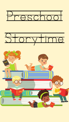 Yellow background with children on top of books, reading. Text reads "Preschool Storytime."