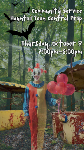 creepy woods, ghost clown, abandoned carnival ride and program details