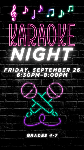 black brickwall background with music notes and microphones in neon and program details.