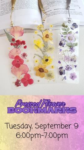 3 laminated bookmarks with flowers on them and program details