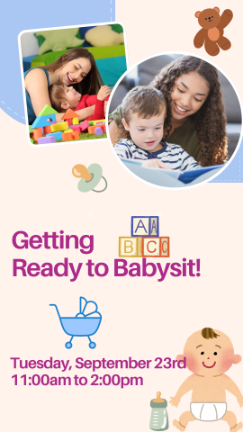 pictures of babies and babysitters, cartoon baby toys, and program details