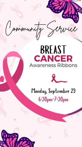 two butterflies in the corner and one large breast cancer awareness ribbon. program details in a white circle in the middle of image.