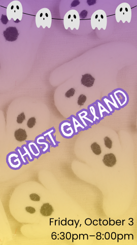 purple and orange background with ghosts made of felt, a garland of hosts at the top, and program details