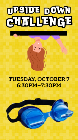 yellow background with a cartoon teen girl upside down and waving, game googles, and program details