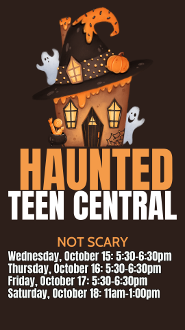 cartoon haunted house with ghosts and program details