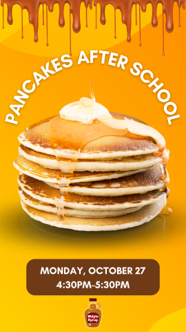 a stack of pancakes with butter on top, syrup dripping from the top of image, and program details