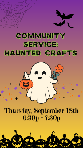 cartoon ghost, pumpkins, bats, spider web, and program details