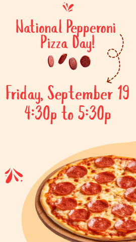 pepperoni pizza in the corner with some pepperoni slices and program details