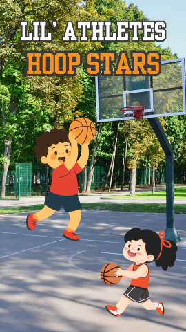 Background of basketball court. Images of kids playing basketball. Text reads "Lil' Athletes: Hoop Stars."