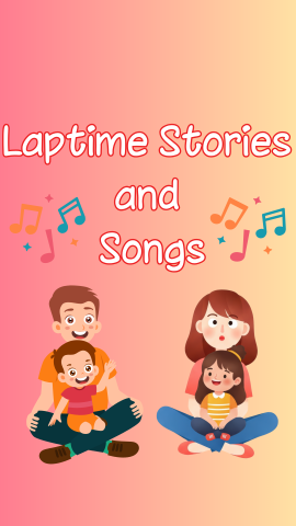 Peach and yellow background. Images of parents with children in their laps. Text reads "Laptime Stories and Songs."