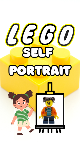Background of yellow lego. Images of girl painting and Lego character on a canvas. Text reads "LEGO Self Portrait."