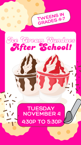 hot pink background with cartoon ice cream sundaes and program details