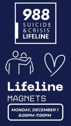 dark blue background with 988 crises number for calling or texting, and program details