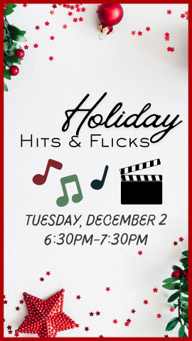 background red stars and green leaves, holiday glitter, music notes and a directors clapboard. program details