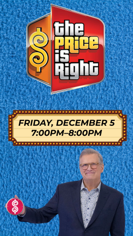 the price is right game show logo, drew carey holding a plinko chip and program details