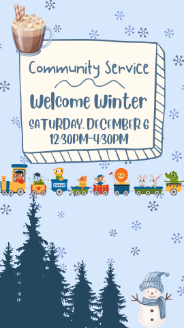 snowflakes in the background, blue trees and a snowman on the bottom, hot chocolate in top left corner and program details above a train with animals in it