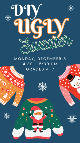 dark blue background, three ugly cartoon sweaters and program details