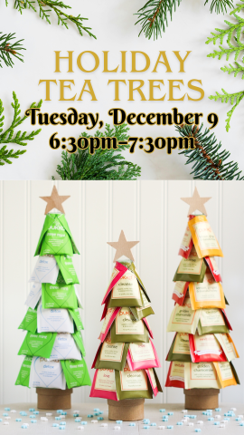 three trees made out of tea packs with stars on top of tree and program details