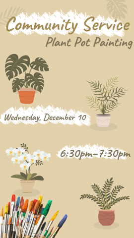 tan background, cartoon plants, real paint brushes, and program details