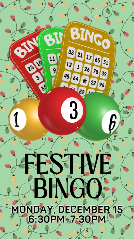 holiday lights and green background with three bingo boards and three bingo balls and program details