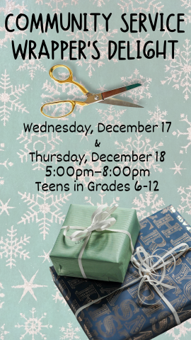 green background with gold snowflakes, two gifts nicely wrapped, real scissors, and program details