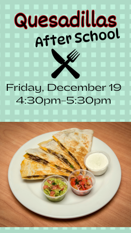 plate with three quesadillas on it, fake knife and fork, and program details