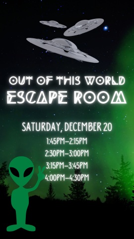 nighttime background with spaceships up top and a little green alien giving the peace sign, and program details