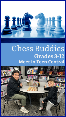 a teen boy and young boy give thumbs up while playing chess together below a picture of chess pictures and program details