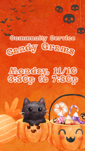 orange background with cartoon cat, pumpkin, and candy and program details