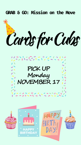 cartoon birthday cards and cupcakes with program details