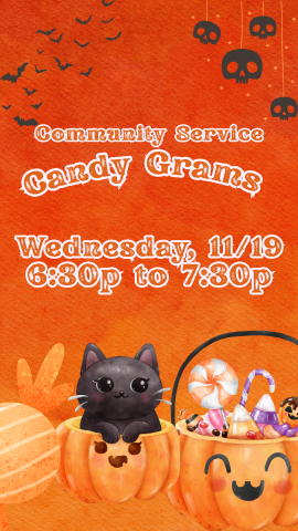 orange background with cartoon cat, candy, and pumpkins, with program details