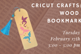 Wood bookmark with multicolor dragons painted on and a blue tassel next to a description of the program.