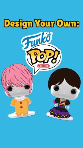 Funko Pop figures in front of blue background. Text reads "Design Your Own: Funko Pop."