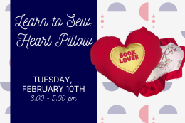 Red heart shaped pillow that says book lover next to a description of the program.