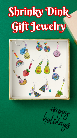 Background of open present. Images of shrinky dink earrings, and small text that reads "Happy Holidays." Main text reads "Shrinky Dink Gift Jewelry."
