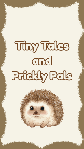 Illustration of a hedgehog. Text reads "Tiny Tales and Prickly Pals."