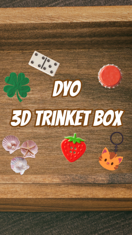 Box background with a four leaf clover, domino, bottle cap, button, cat keychain, and seashells