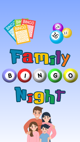 Bingo boards, bingo numbers, and a family. Text reads "Family Bingo Night."
