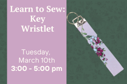 A pink floral key wristlet next to a description of the program.