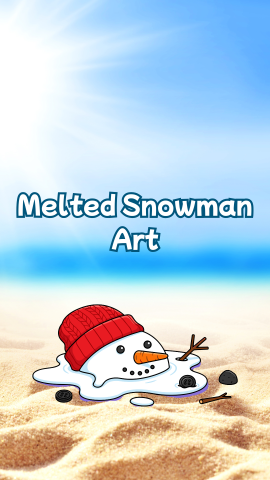 Melted snowman at the beach. Text reads "Melted Snowman Art."