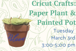 A small terracotta pot with the word 'bloom' painted on it and a paper succulent inside next to a description of the program.