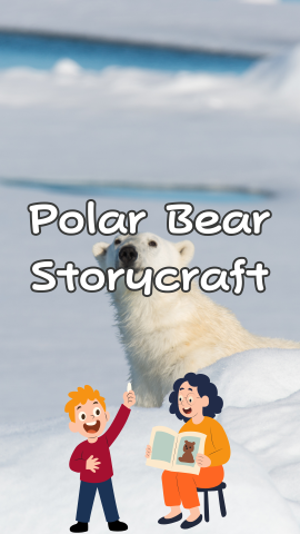 Polar bear and a librarian reading to a child. Text reads "Polar Bear Storycraft."