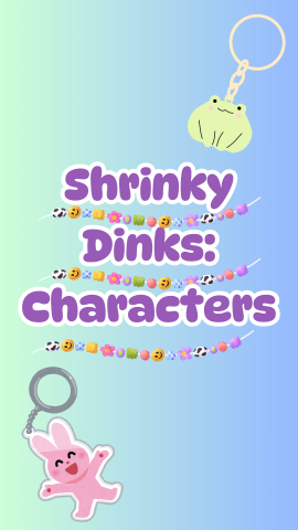 Shrinky Dink keychains. Text reads "Shrinky Dinks: Characters."