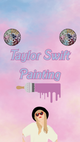 A paintbrush that is painting in purple, 2 disco balls, and a drawing of Taylor Swift. Text reads "Taylor Swift Painting."