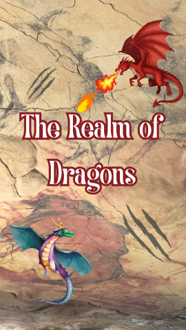 Background of a map with a red dragon breathing fire and a blue dragon. Text reads "The Realm of Dragons."
